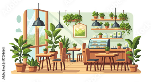 Bright cozy cafe interior with wooden tables, hanging lamps, and lush potted plants creating a welcoming mood.