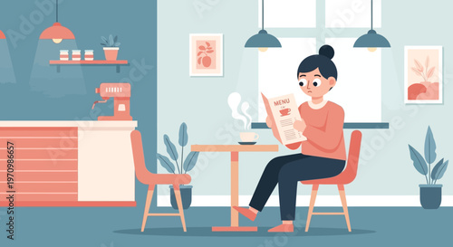 Relaxed man enjoying coffee and reading in a cozy cafe interior.