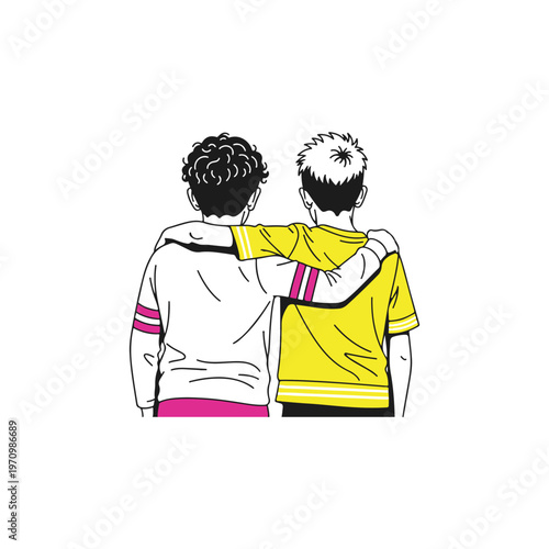 Two boys standing back to back with arms around each other