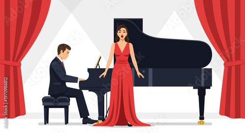 Elegant Singer Performs with Pianist on Grand Piano Stage.