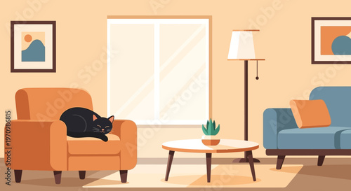 Cozy Living Room Scene with an Orange Sofa and a Relaxed Cat.