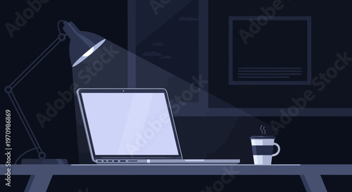 Dimly lit home office desk with laptop and coffee mug.