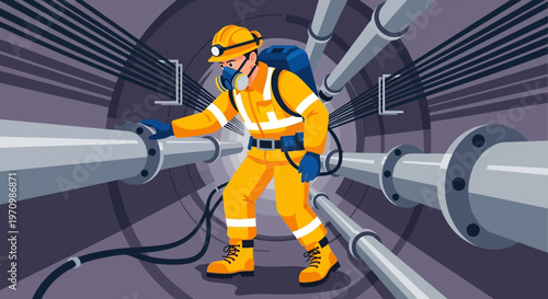 Industrial worker in orange safety suit inspecting an underground pipeline inside a tunnel.