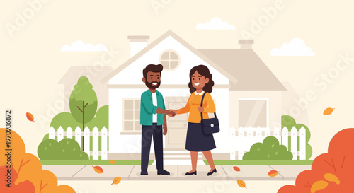 Two people converse in a sunny suburban front yard near a house scene.