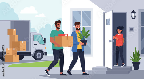 Busy moving day with friends helping unload boxes at a new home doorstep.