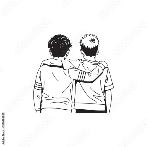Two men standing back to back with arm around each other