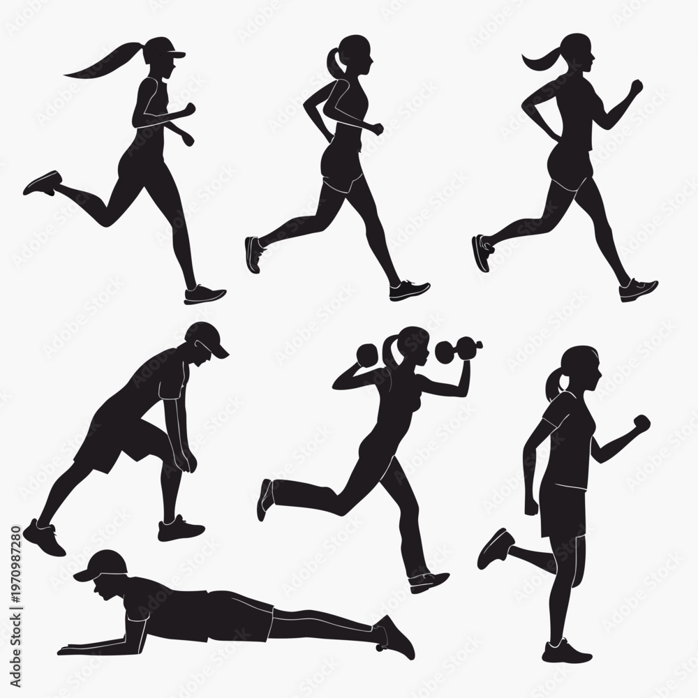 Fototapeta premium A set of black silhouette icons depicting people engaging in various fitness activities such as running, weightlifting, and push-ups