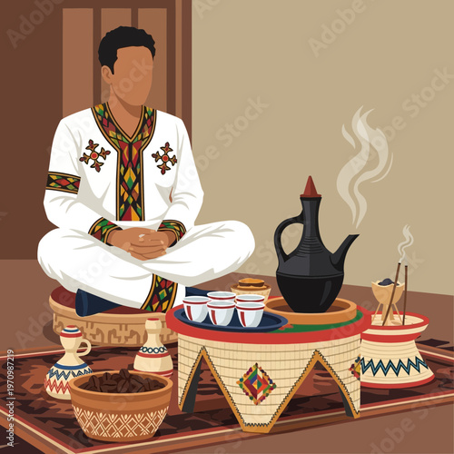 Ethiopian Coffee Ceremony: Man in Traditional Attire Serving Coffee