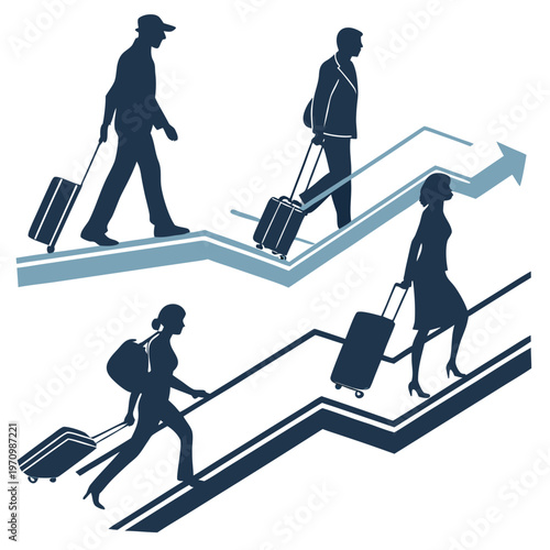 A vector graphic illustration of people traveling with luggage on escalators
