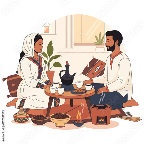 Ethiopian couple enjoying coffee ceremony at home, traditional attire, cozy atmosphere