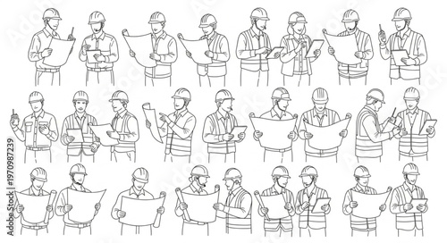 Collection of people in various poses, all focused on the main subject, in a line drawing style.