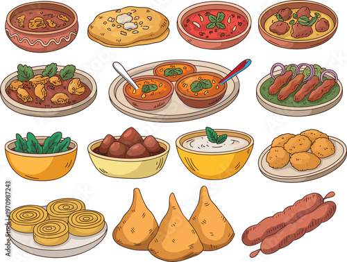 Indian street food set with samosa, curry, kebab, and traditional south asian cuisine vector illustration