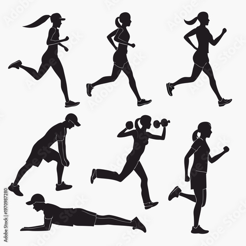 A set of black silhouette icons depicting people engaging in various fitness activities such as running, weightlifting, and push-ups