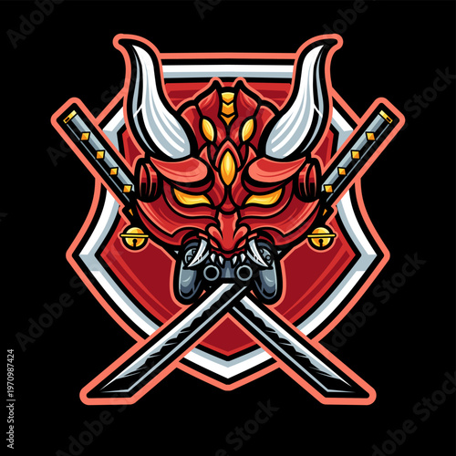 Vector graphic illustration of a mecha oni game mascot biting a game controller with two crossed katanas, futuristic cyberpunk style, perfect for esports logos, mascots, t-shirts and stickers.