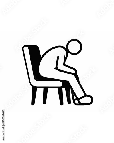 Vector illustration depicting a hunched person sitting on a chair, conveying feelings of discomfort, pain, or fatigue, often associated with sedentary lifestyle, back problems, or general malaise
