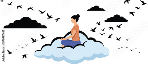 Peaceful woman meditating in lotus pose sitting on a soft cloud surrounded by flying birds in the sky symbolizing freedom tranquility and mental health awareness.