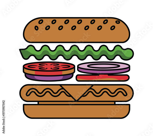 A cartoon illustration of a hot dog with various toppings