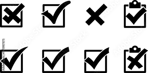 check mark icons, x mark symbols, clipboard vector design, approval rejection signs, survey form graphics, task completion illustration, voting decision elements, user interface symbols