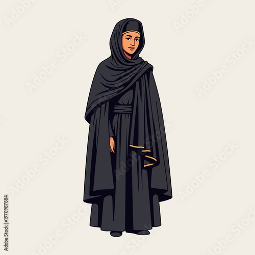 Woman in traditional black religious habit, holding prayer beads, standing against a plain background.
