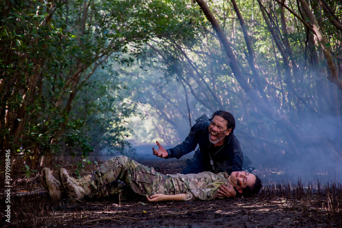 Special Forces Team Securing Area, Tactical Mission Concept Man in Jungle , Adventure and Danger Concept