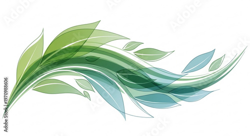 Green leaves swirling in a natural artistic motion on a white background conveying freshness and growth