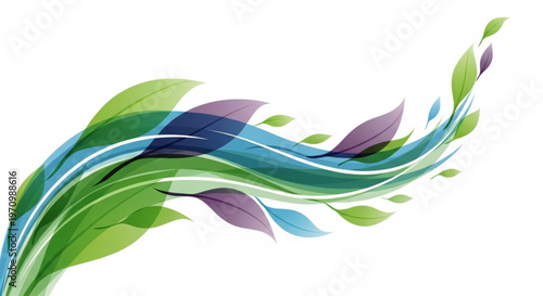 Vibrant green blue and purple leaves swirl dynamically against a white background conveying freshness and energy