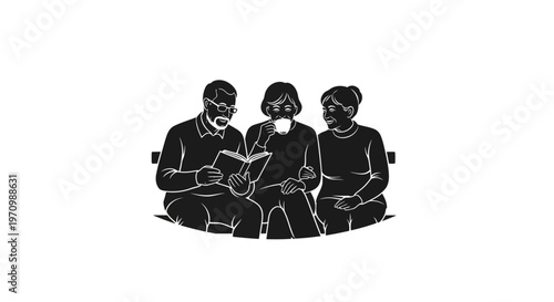 Three seniors reading book and drinking on a park bench