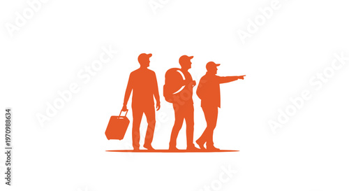 Three male silhouettes traveling with luggage and pointing direction