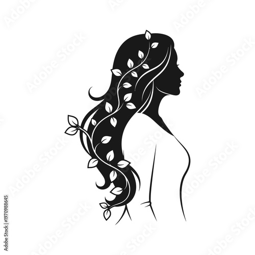 Woman silhouette with long hair and leaves nature concept