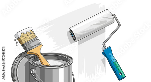 Paint can, brush, and roller with white paint strokes