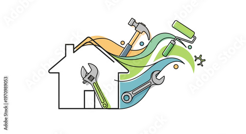 House outline with repair and renovation tools concept