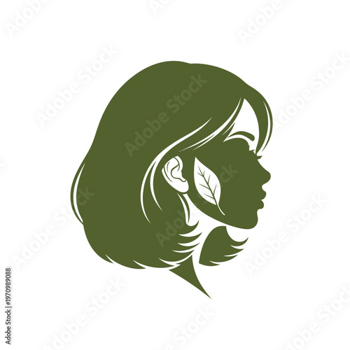 Green woman profile silhouette with leaf in short hair