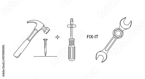 Hammer, screwdriver, wrench, nail and fix-it text icon set