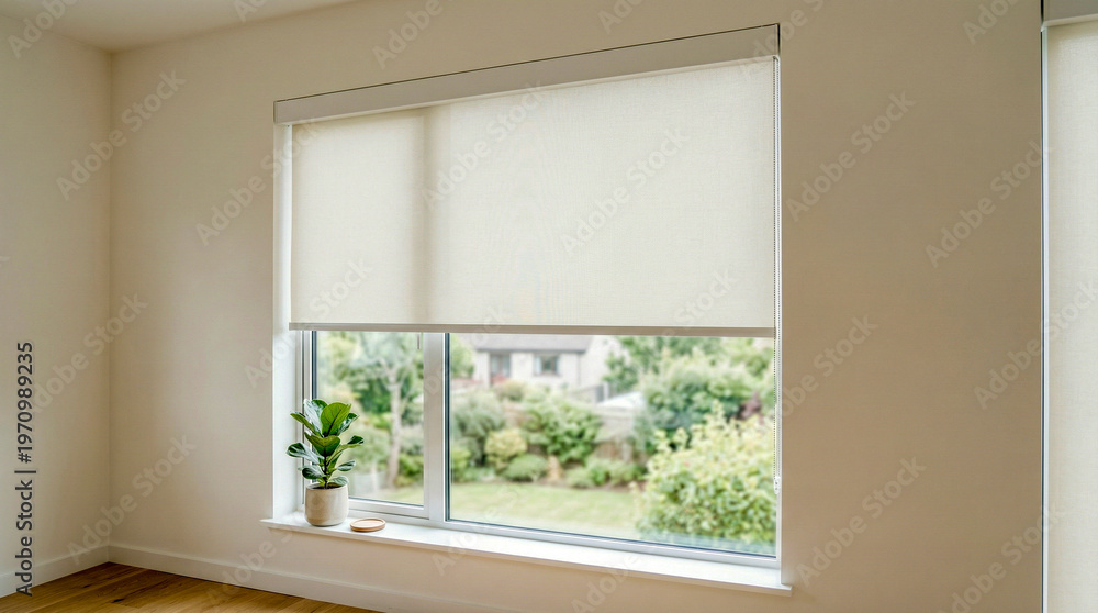 Fototapeta premium A bright interior scene with natural light pouring in, framing a clear view of an outdoor garden. the scene evokes tranquility and invites viewers to consider the balance of indoors and out.