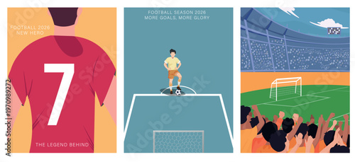  Football Championship 2026 legend behind poster collection; flat vector illustration of football player jersey, kickoff, and stadium crowd for tournament sports marketing art