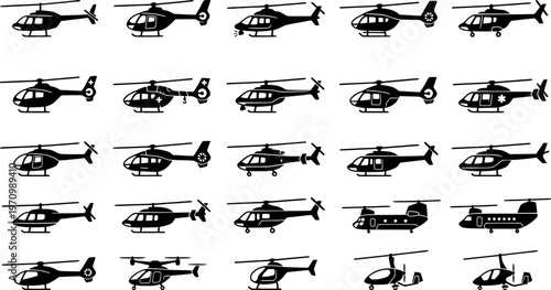 Minimalist black helicopter icons on dark background
