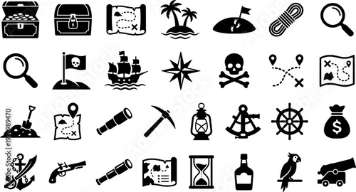 Black silhouette pirate icons: treasure map, ship, skull and crossbones, palm tree
