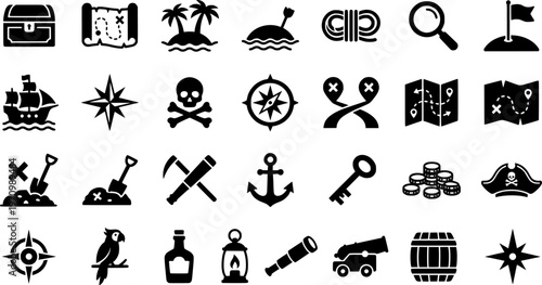 Black silhouette pirate icons: treasure map, ship, skull and crossbones, palm tree
