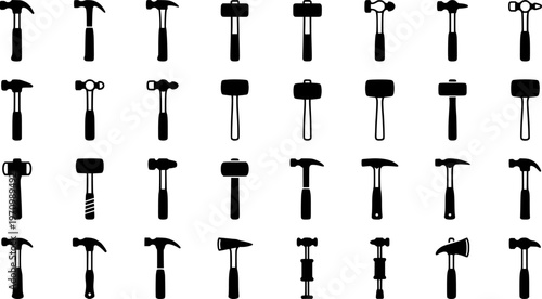 Variety of hammers: simple line art illustrations depicting different hammer types
