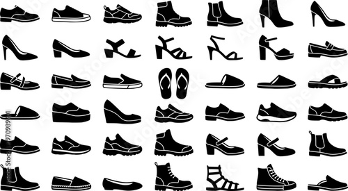 Silhouette collection of various footwear styles: loafers, boots, sandals, heels
