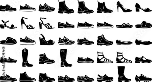 Silhouette collection of various footwear styles: loafers, boots, sandals, heels
