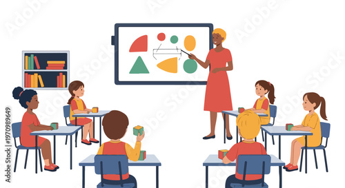 A female teacher explains geometric shapes on a digital screen to a group of diverse young students sitting at desks in a classroom setting.