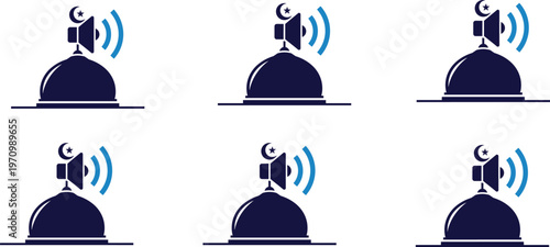 Set, of, mosque, dome, silhouettes, with, loudspeakers, calling, for, prayer, adhan, Islamic, religious, icons, vector, illustration, isolated, on, white, background