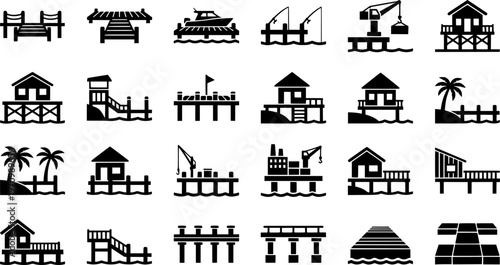 Black silhouette beach icon set featuring boats, palm trees, and fishing piers
