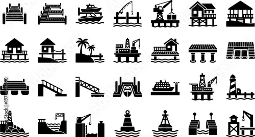 Black silhouette beach icon set featuring boats, palm trees, and fishing piers
