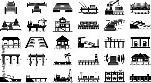Black silhouette beach icon set featuring boats, palm trees, and fishing piers
