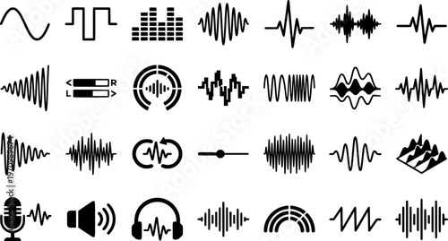 Set of black sound waveforms and equalizer bars on white background
