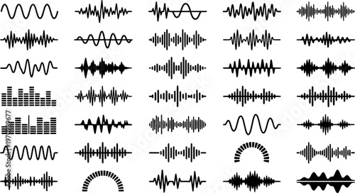 Set of black sound waveforms and equalizer bars on white background
