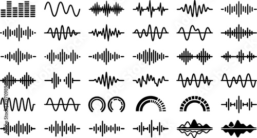 Set of black sound waveforms and equalizer bars on white background
