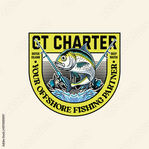 Giant Trevally fishing charter logo with crossed fishing rods and offshore partner typography
